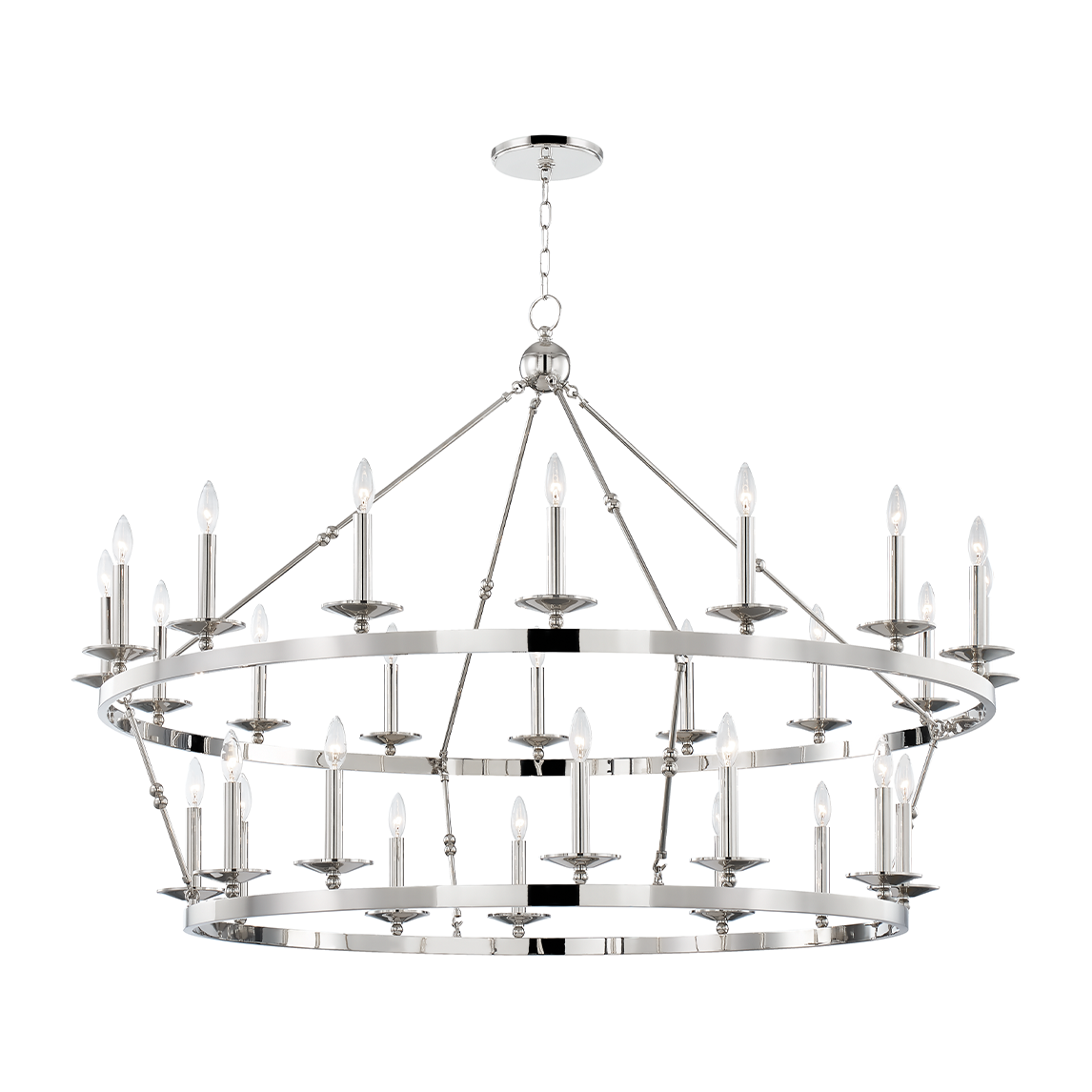 28-Light Wagon-Wheel Chandelier / Polished Nickel