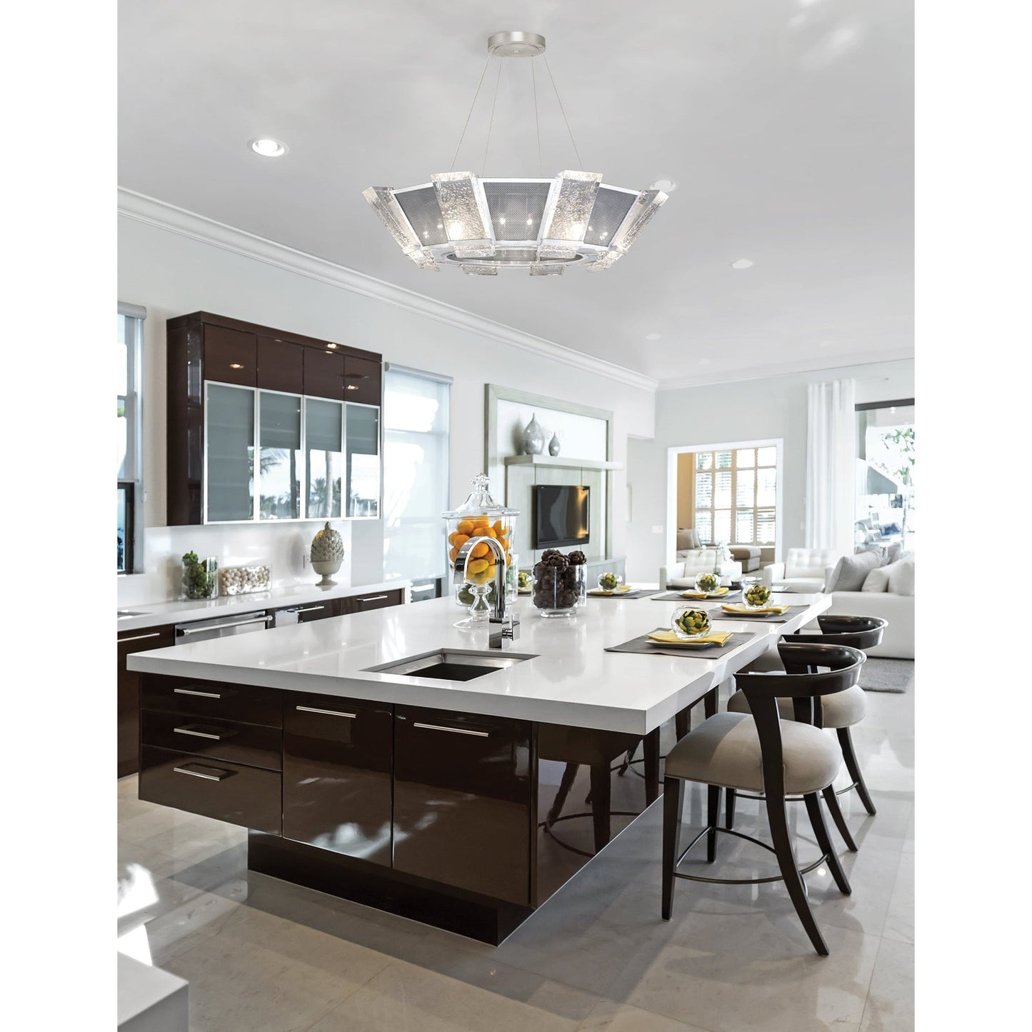 38-Inch Cast Glass Round Pendant / Gold/Metal Mesh