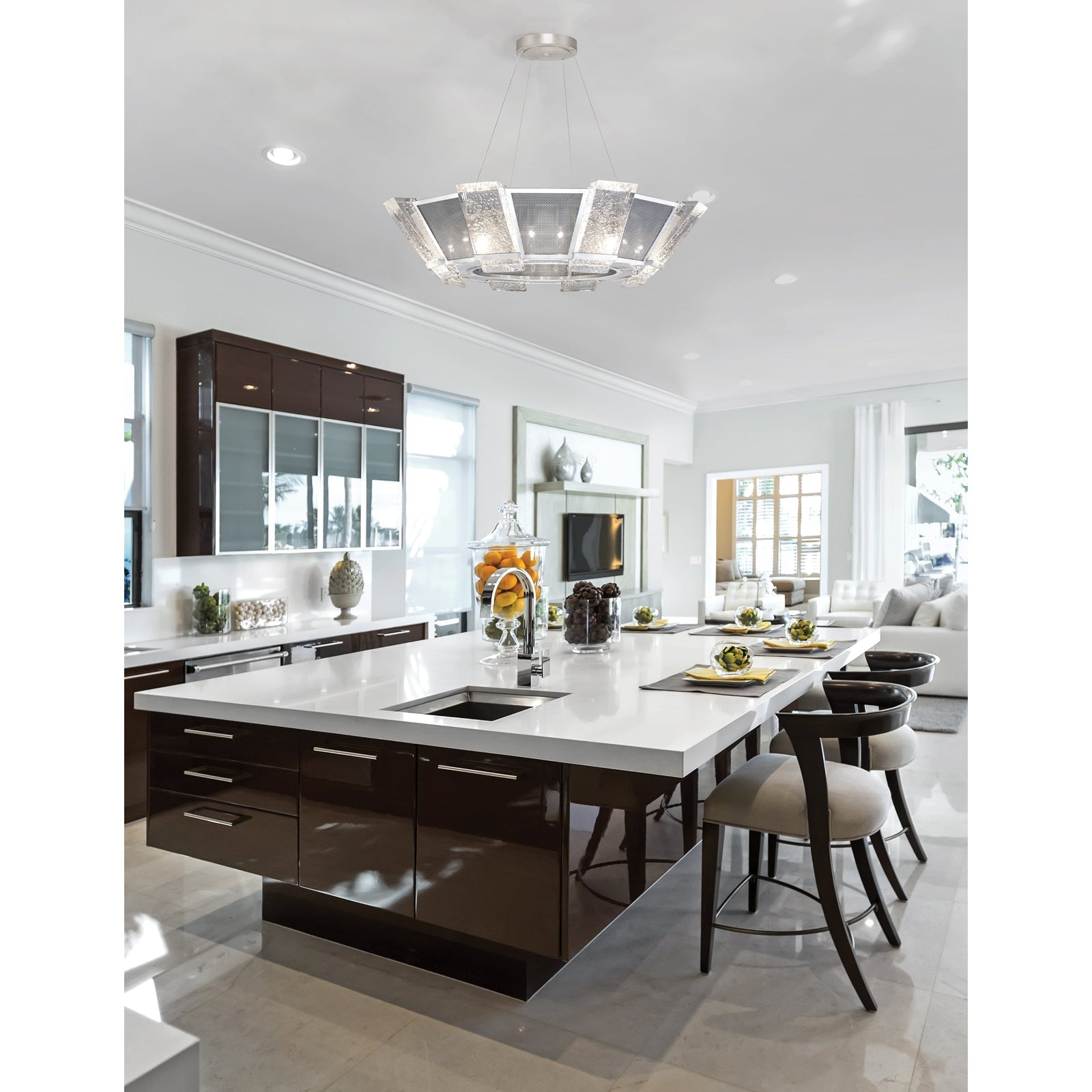 38-Inch Cast Glass Round Pendant / Gold/Metal Mesh