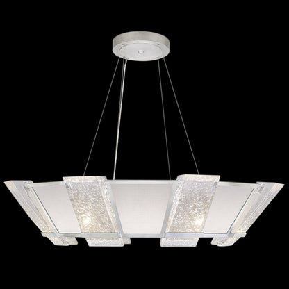 38-Inch Cast Glass Round Pendant / Silver/White Textured Linen