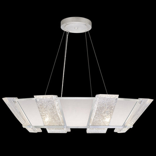 38-Inch Cast Glass Round Pendant / Silver/White Textured Linen