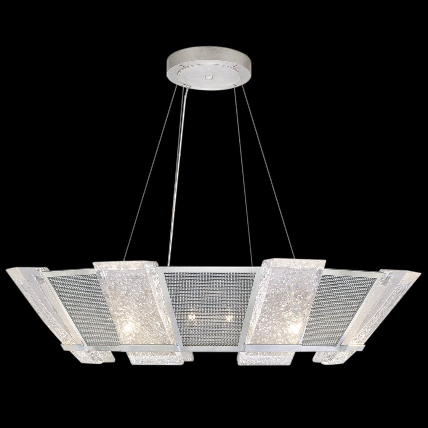 38-Inch Cast Glass Round Pendant / Silver/Metal Mesh