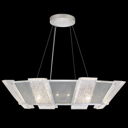 38-Inch Cast Glass Round Pendant / Silver/Metal Mesh
